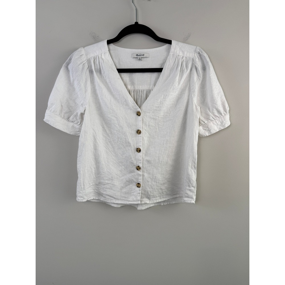 Madewell Button Front Top Womens XS White Linen Blend Puff Sleeve V-Neck Blouse